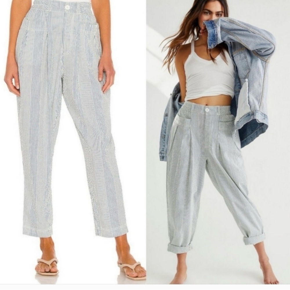 Free People Make A Stand Trousers In Blue & White Combo Seersucker XS Pants NWT